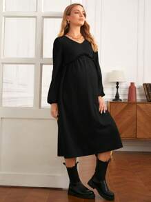 SHEIN Maternity Solid Color Lantern Sleeve Dress With Frill Hem - Black - View 5