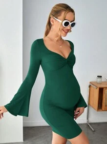 SHEIN Thai sản Màu thuần Người yêu Đường viền cổ áo Mặt trước xoắn Tay áo xù Váy bodycon - xanh quân đội - Xem 5