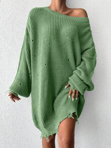 EURMUSE Drop Shoulder Distressed Jumper Without Belt - Green - View 4