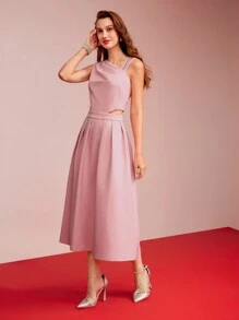 MOTF PREMIUM 编织女式不对称颈链细节褶皱连衣裙，情人节装 - 粉色 - 查看 9