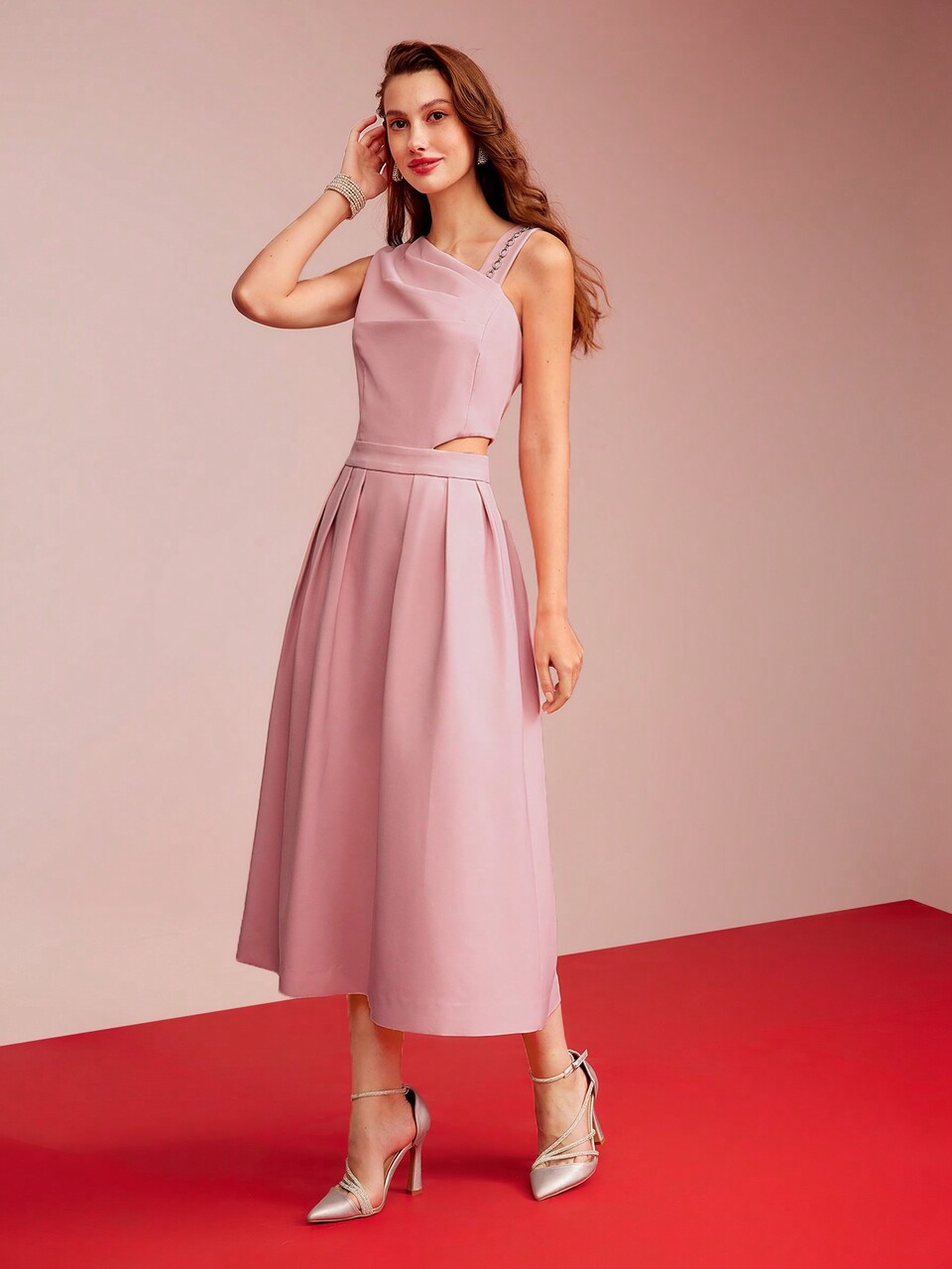 WOVEN WOMEN'S ASYMMETRICAL NECK CHAIN DETAIL FOLD PLEATED DRESS,VALENTINE'S DAY OUTFIT,HOLIDAY PARTY BIRTHDAY FORMAL EVENING OCCASSION
