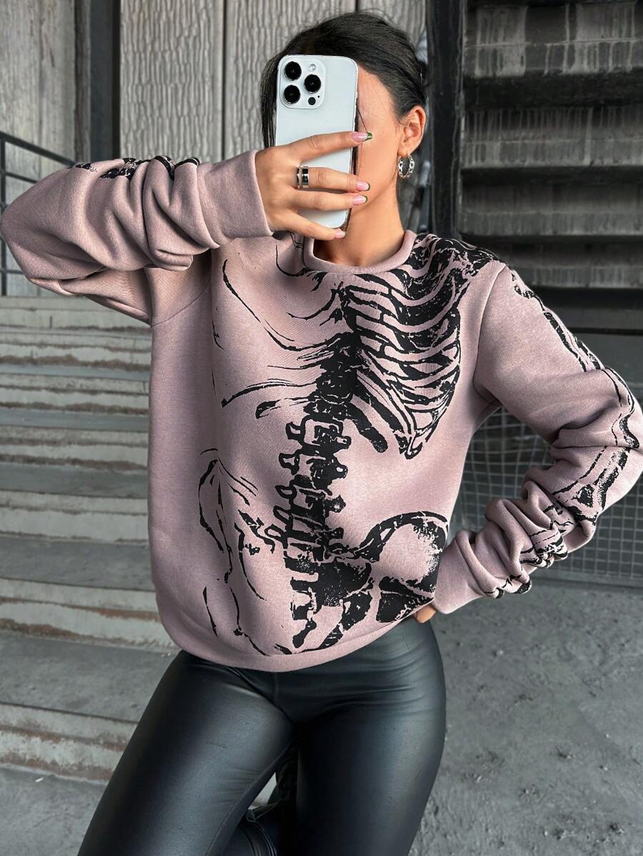 EURMUSE Skeleton Print Drop Shoulder Sweatshirt - Grey - View 1