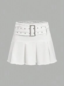 ROMWE PUNK Của phụ nữ Viền tua Váy Denim Với Viền xếp - Màu be - Xem 1