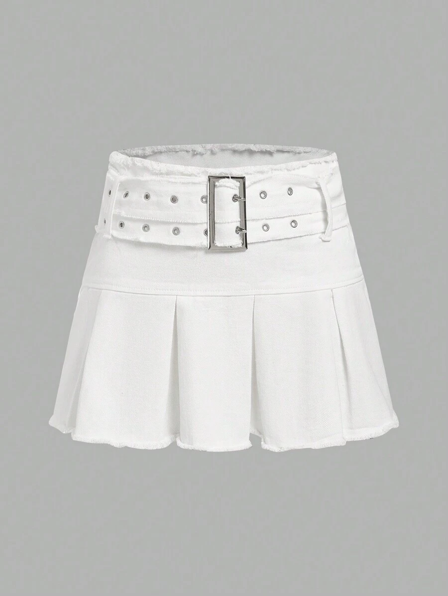 ROMWE PUNK Của phụ nữ Viền tua Váy Denim Với Viền xếp - Màu be - Xem 1