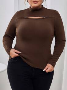 SHEIN Essnce Plus Size Tee With Double-ended Zipper Design - Brown - View 6