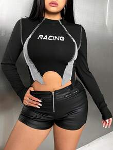 SHEIN ICON 大尺碼不規則長袖t恤,印有字母圖案 - 黑色 - 查看 7