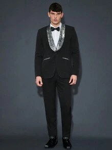 Manfinity VCAY Men's Contrast Shawl Collar Single-breasted Suit Jacket And Pants Two-piece Set - Black - View 7