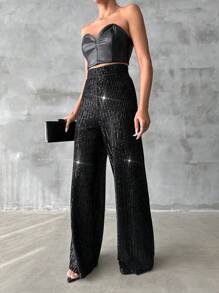 EURMUSE Sequin Wide Leg Pants - Black - View 2