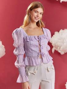 Enchnt Xù Hoa Sen Tay áo Áo sơ mi - Màu tím hoa cà - Xem 3