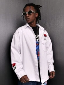 Manfinity Roghcode Lỏng lẻo phù hợp Nam In hoa Cúc bấm Áo denim - trắng - Xem 3