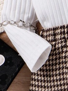 SHEIN Little Girls' Houndstooth Stand Collar Patchwork Dress And Coat Jacket Two Piece Set - Khaki - View 4