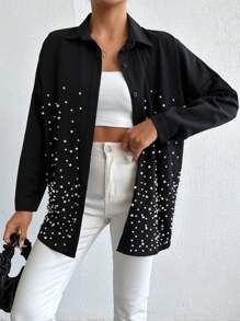 RueChic Loose-fitting Casual Shirt With Beaded Drop Shoulder Sleeve Detail - Black - View 4