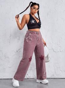 SHEIN ICON 女式大尺碼星星圖案直筒牛仔褲 - 粉色 - 查看 6