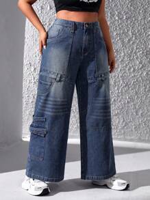 SHEIN ICON Plus Size High Waist Straight Leg Cargo Jeans - Dark Wash - View 4