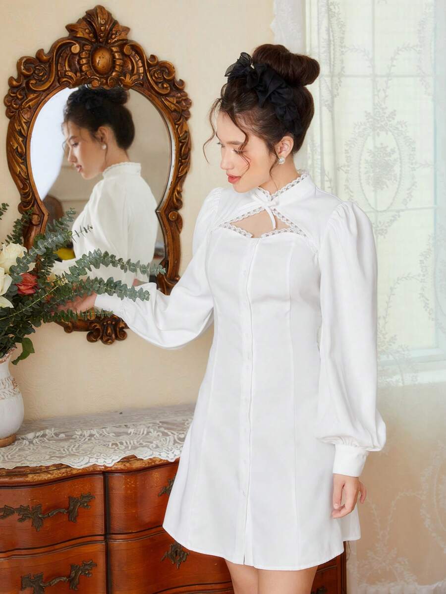 SHEIN Thiếu niên Cô gái Dệt Màu thuần Xu hướng: Cắt giảm Đứng cổ áo Đầm - trắng - Xem 1