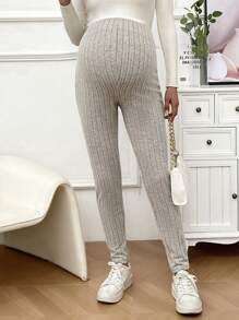 SHEIN 孕婦純色針織條紋彈力褲,可調節腰圍 - 杏色 - 查看 7