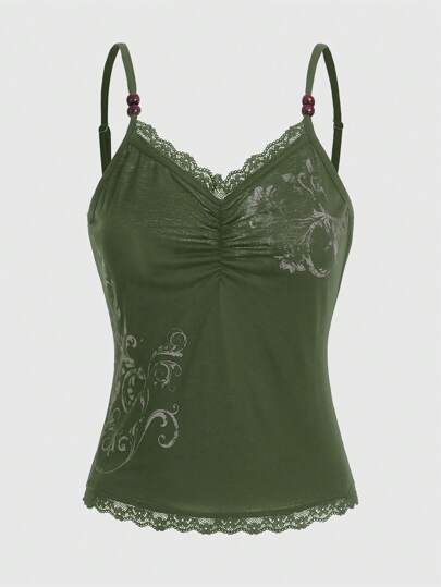 ROMWE Fairycore Ladies' Lace Patchwork Beaded Decoration Camisole Top