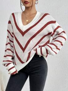 SHEIN LUNE Women's Long Sleeve Oversized V-neck Sweater With Herringbone Pattern - Multicolor - View 4