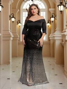 SHEIN Belle 女士加大码露肩渐变亮片晚礼服优雅正式舞会婚礼宾客礼服，适合毕业典礼、晚宴派对礼服 - 彩色 - 查看 6