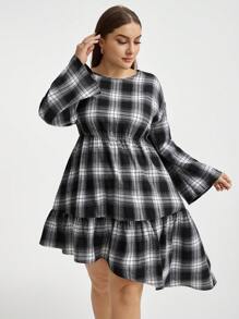 SHEIN Essnce Women's Plus Size Plaid Dress With Drawstring Waist, Bell Sleeve And Ruffled Hem