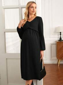SHEIN Maternity Solid Color Lantern Sleeve Dress With Frill Hem - Black - View 4