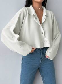 EURMUSE Solid Drop Shoulder Button Up Cardigan - Beige - View 4