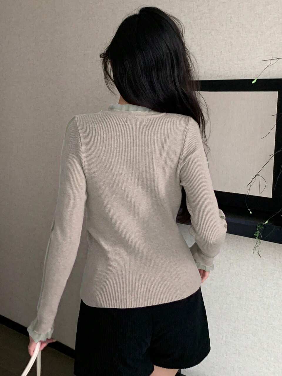 Spliced Mesh & Frill Trim Knit Sweater,Fall Clothes