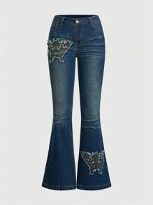 ROMWE Grunge Punk Women's Butterfly Design Embellishment Flared Denim Jeans - Blue - View 1