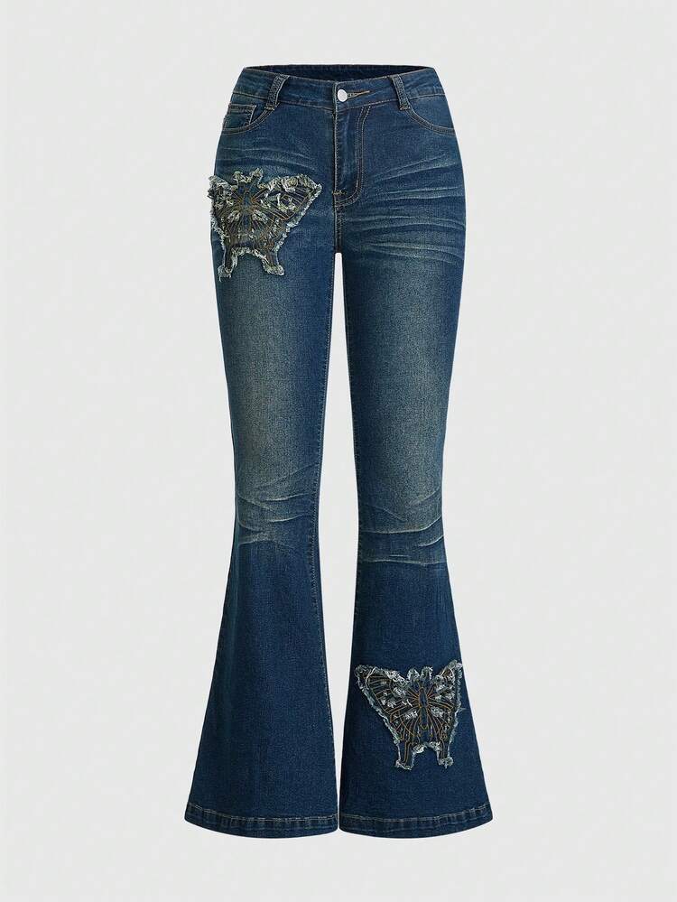 ROMWE Grunge Punk Women's Butterfly Design Embellishment Flared Denim Jeans - Blue - View 1