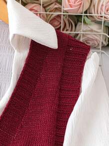 SHEIN Frenchy 純色雙口袋毛線背心 - 酒紅色 - 查看 5