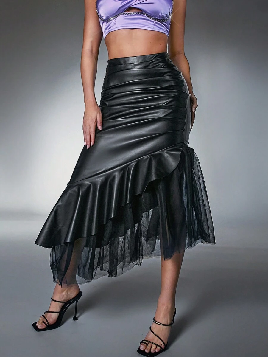 Hauture Ruffle Mesh Hem PU Leather Skirt - Black - View 1
