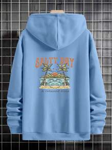 Áo nỉ trùm đầu in chữ nhiệt đới thường ngày cho nam, mùa thu/đông - Màu xanh nhạt - Xem 3