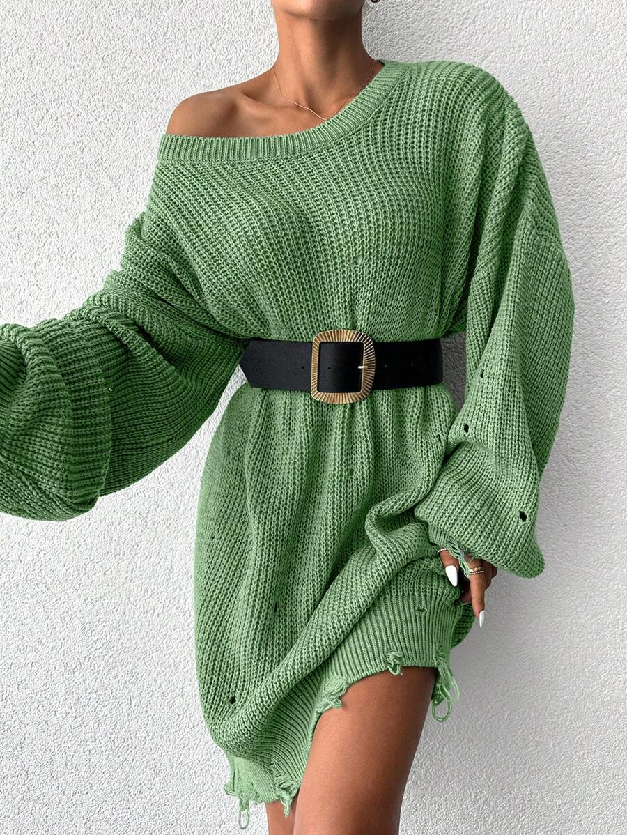 EURMUSE Drop Shoulder Distressed Jumper Without Belt - Green - View 1