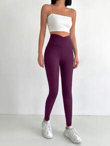 SHEIN Cottnline Solid Wideband Waist Leggings - Burgundy - View 4