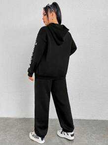 SHEIN Coolane 夜光字母運動衫和運動褲兩件套 - 黑色 - 查看 2