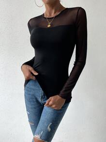 SHEIN Privé Women's Mesh Contrast Long Sleeve Top - Black - View 3