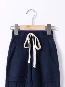 SHEIN Con trai Eo đàn hồi Lỏng lẻo phù hợp Giải trí Dây rút Dệt kim Quần - Màu xanh hải quân - Xem 4