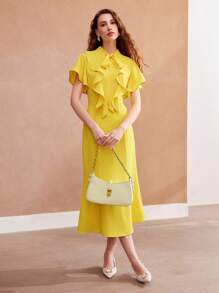 MOTF PREMIUM 女款編織領帶荷葉邊連衣裙 - 黃色 - 查看 6