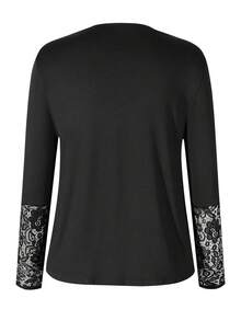 Camisa de manga larga con cuello en V, de talla grande, con detalles de encaje, parches y botones - Negro - Ver 2