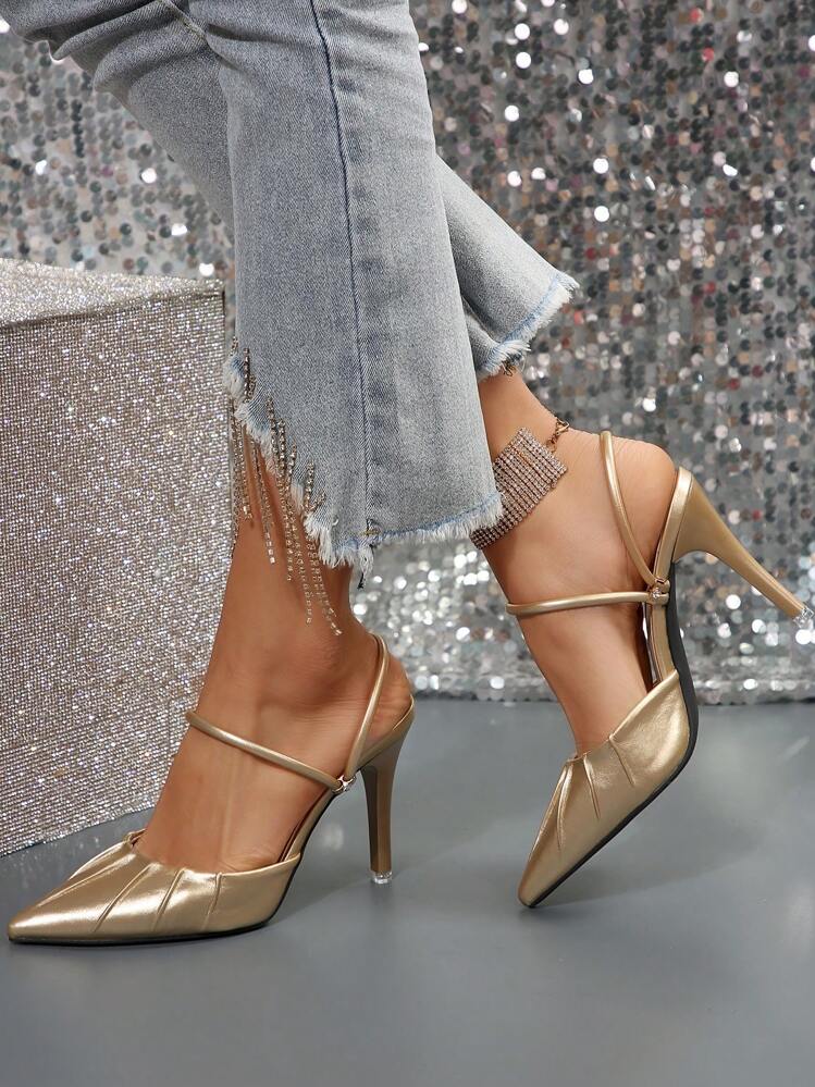 Décolleté con tacco alto stile francese per donna, nuovi sandali eleganti con punta a punta e cinturino con paillettes color oro adatti per l'estate, design sexy adatto per casual, appuntamenti, pendolarismo, feste aziendali, eventi, eleganti, mules - Dorato - Visualizzare 2