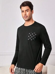 Men's Printed Slim Fit Homewear Top With Pocket - Black - View 1