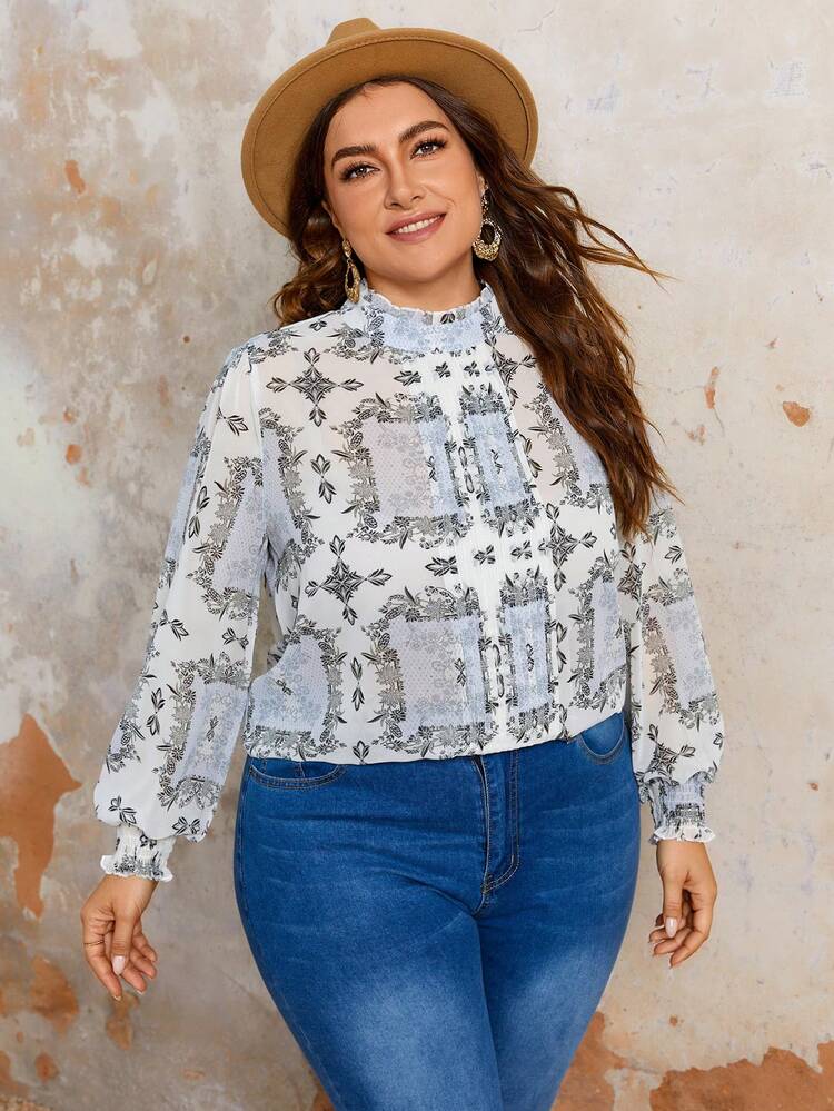 Plus Size Stand Collar Lantern Sleeve Top