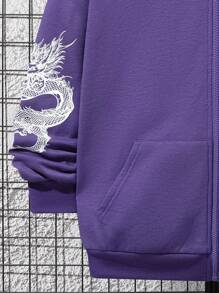 SHEIN 青少年男孩休閒舒適龍圖騰印花連帽運動衫 - 紫色 - 查看 4