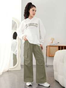 SHEIN Leap Crew Thiếu niên Cô gái In thư Hoodie Với Túi Và Quần Chạy bộ Giải trí Hai chiếc Bộ - xanh quân đội - Xem 5