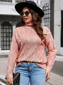 Celure Plus Size Studded High Neck Pullover Sweater - Coral Pink - View 6