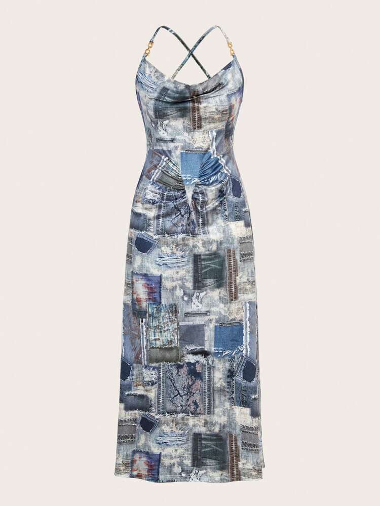 Women's Denim Effect Cowl-Neck Spaghetti Strap Dress