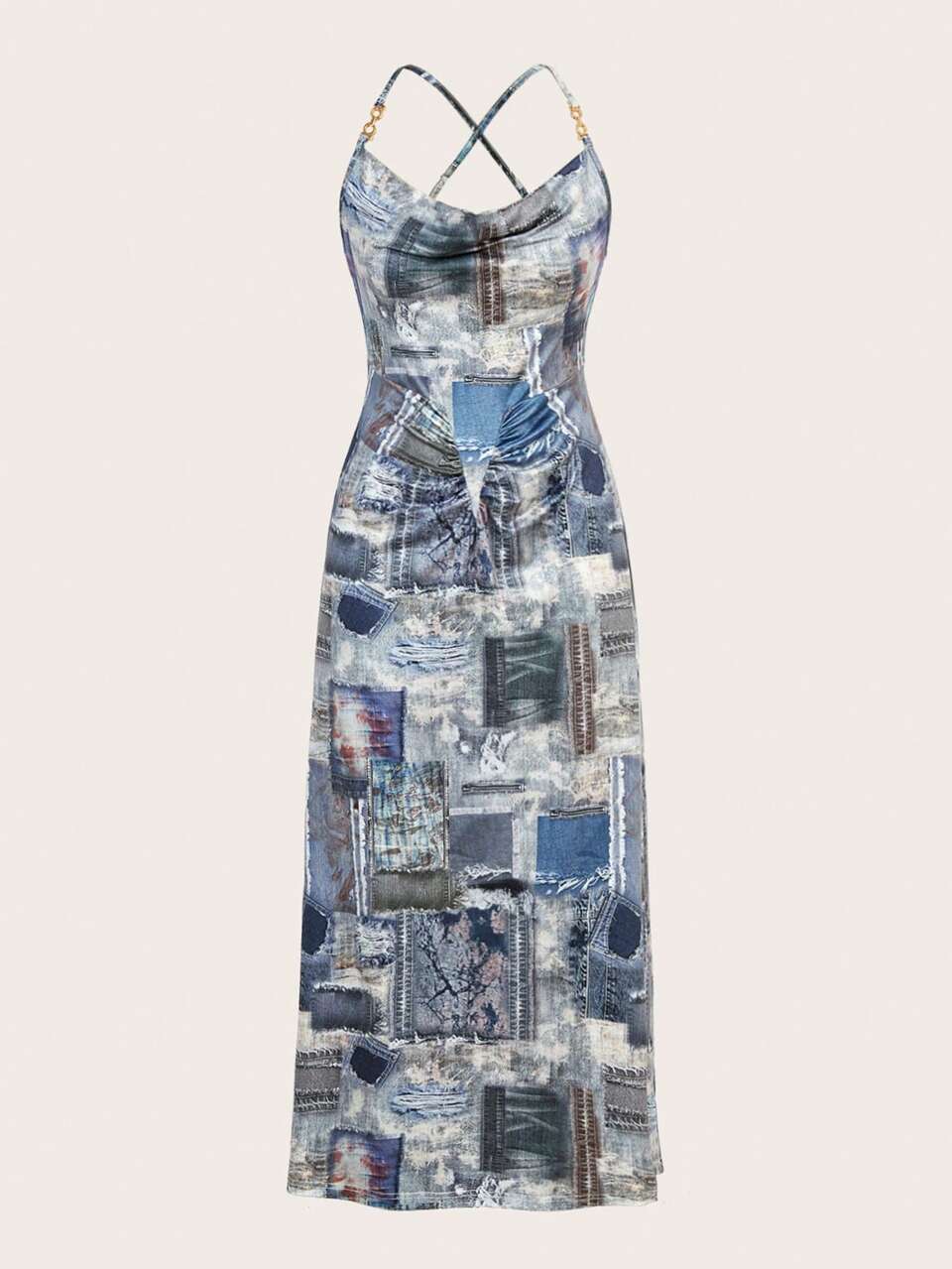 Women's Denim Effect Cowl-Neck Spaghetti Strap Dress