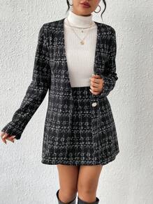 SHEIN ChicEase Single Button Black & White Decorated Two Piece Set - Black - View 4