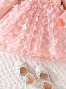SHEIN Little Girls' Long Sleeve Butterfly Applique Mesh Dress - Pink - View 4