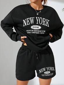 SHEIN EZwear 2 件/套字母印花運動衫和短褲套裝 - 黑色 - 查看 3
